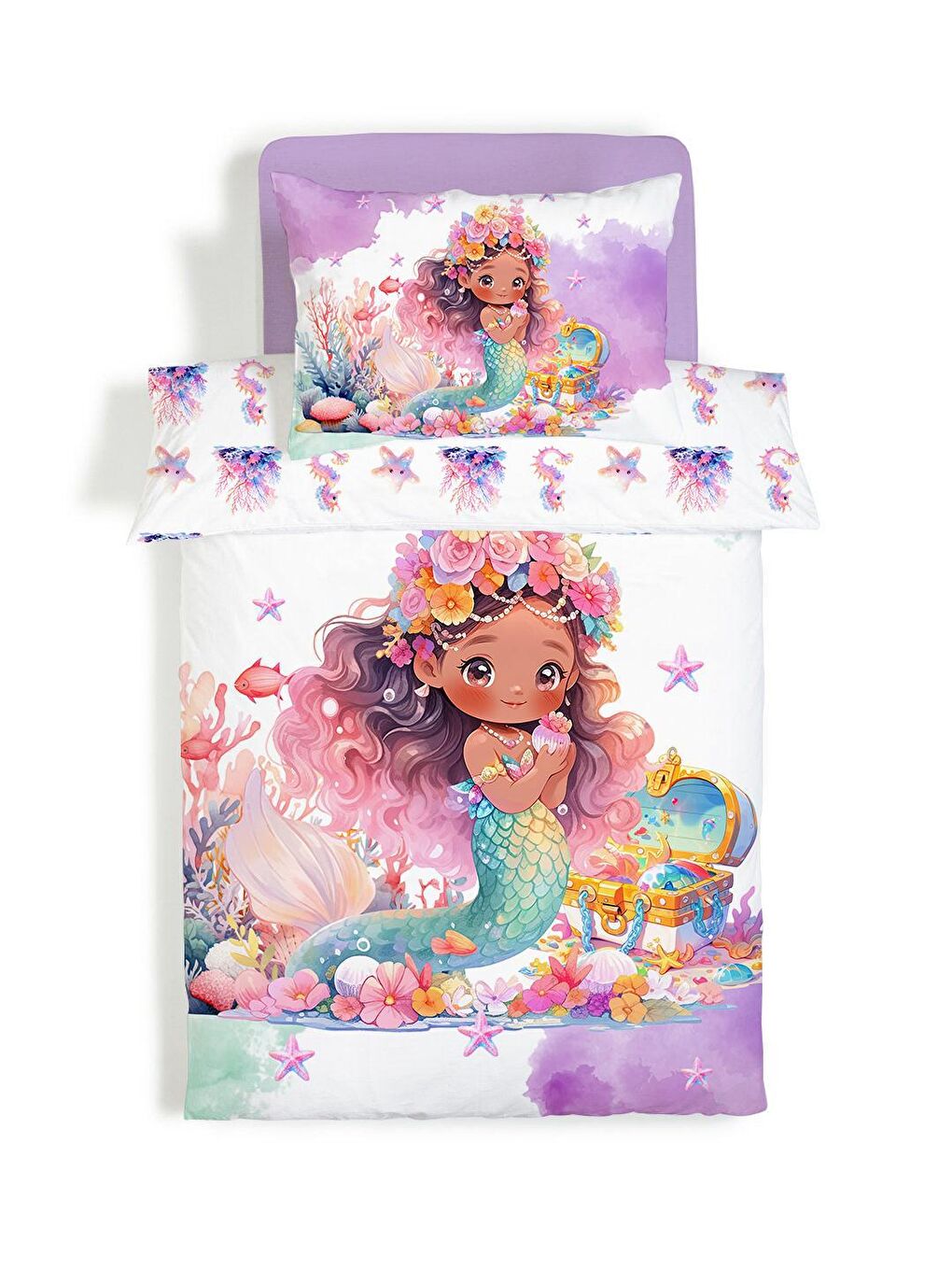 Karışık Denizkızı Desenli Çarşafsız 2'li Takım Baskılı Tek Kişilik Nevresim Takımı 160x220 cm-2