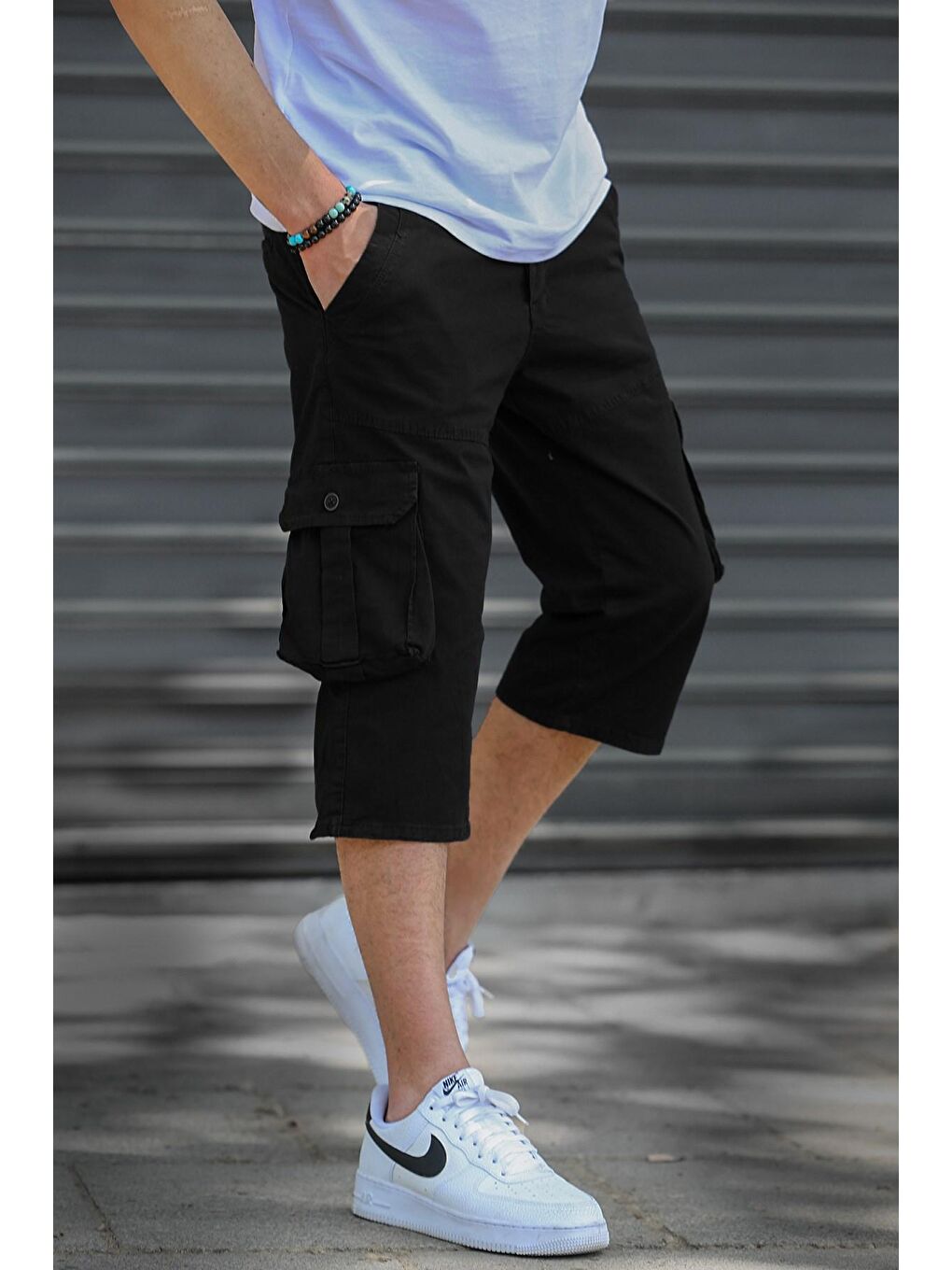 Siyah Gabardin Kargo Cep Erkek Kapri Şort 5754-3