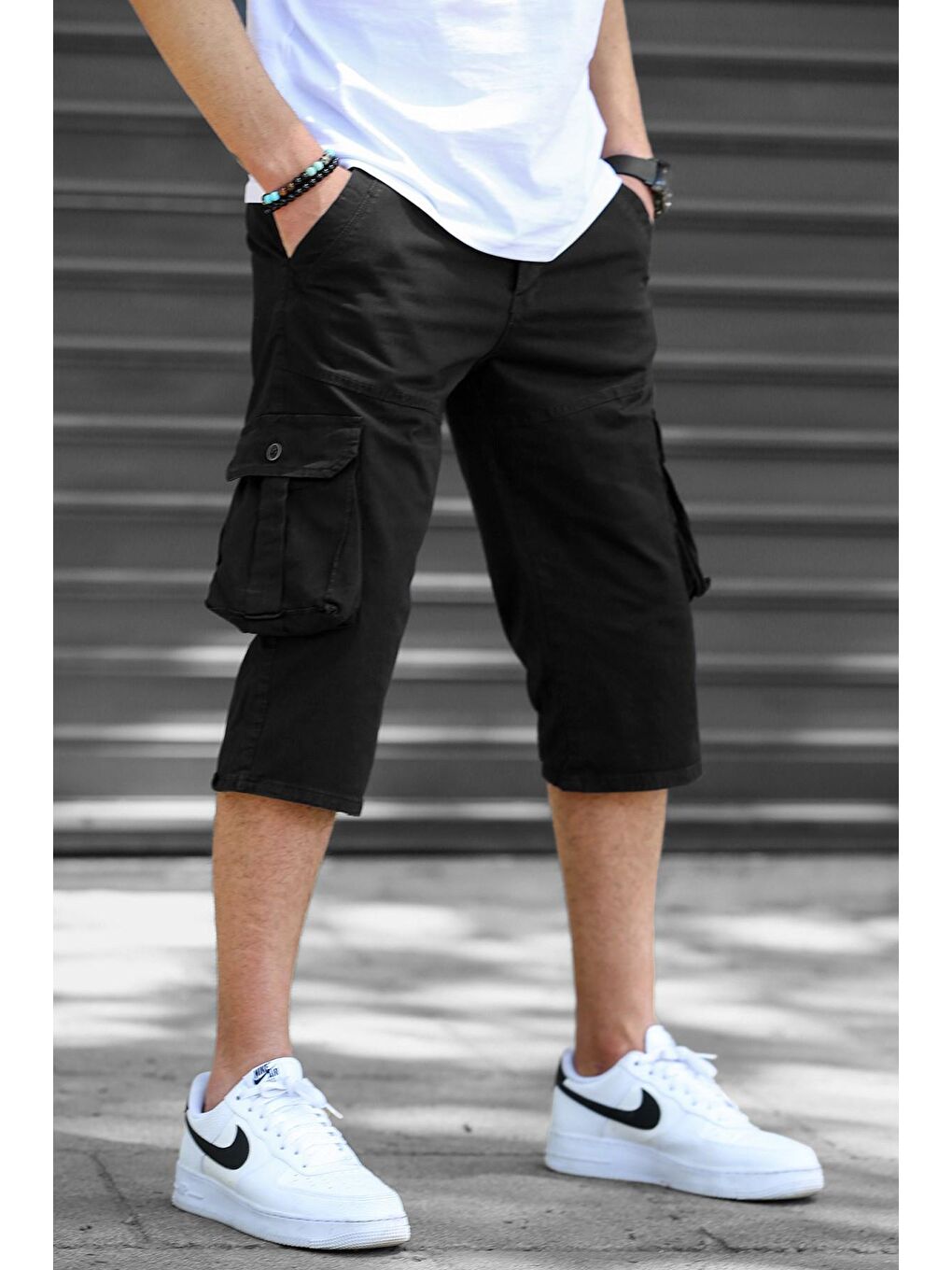 Siyah Gabardin Kargo Cep Erkek Kapri Şort 5754-4
