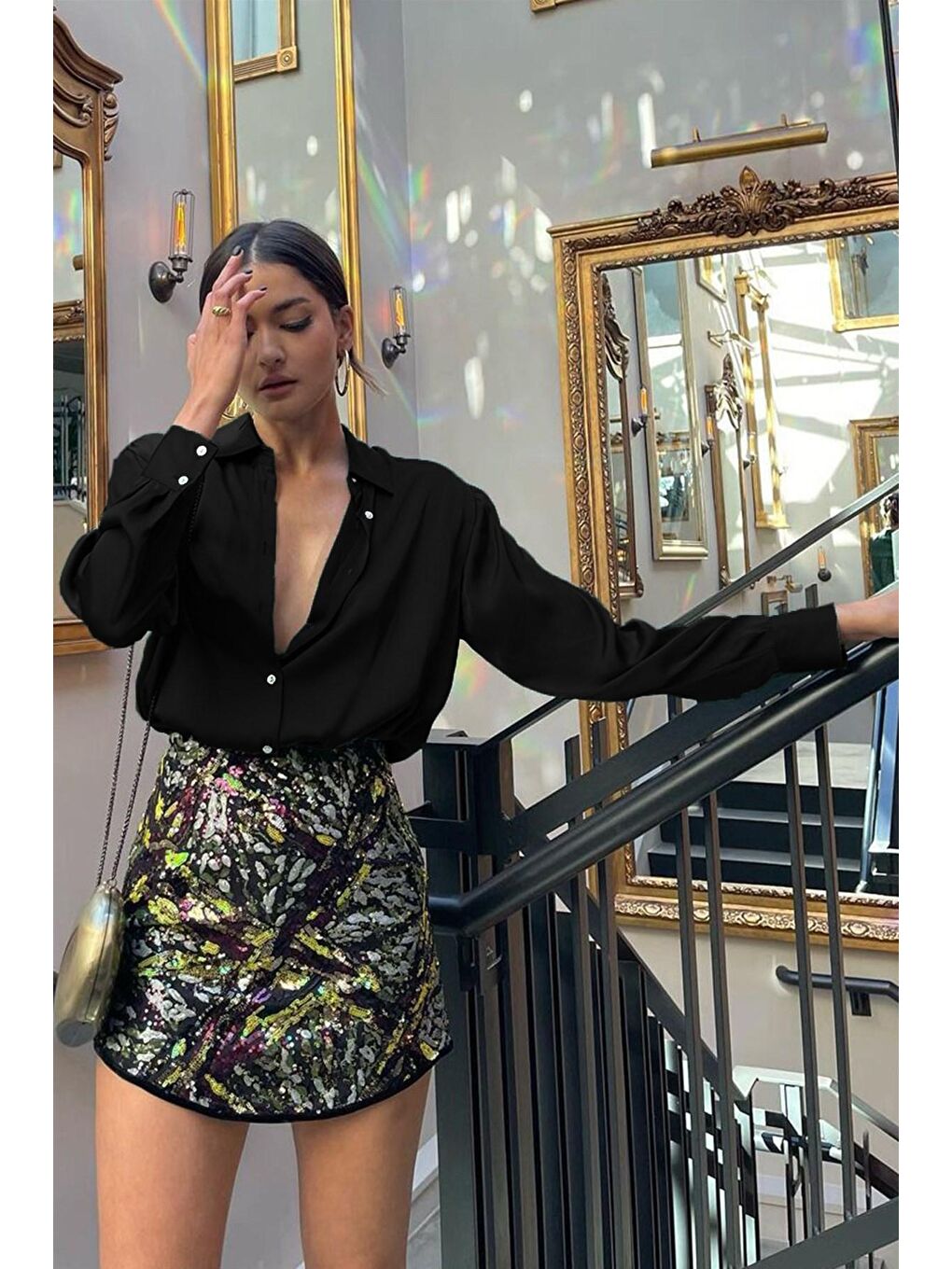 Siyah Basic Kadın Saten Gömlek Mg1326-1