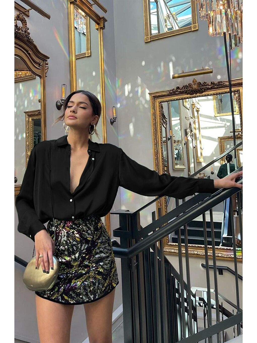 Siyah Basic Kadın Saten Gömlek Mg1326-2