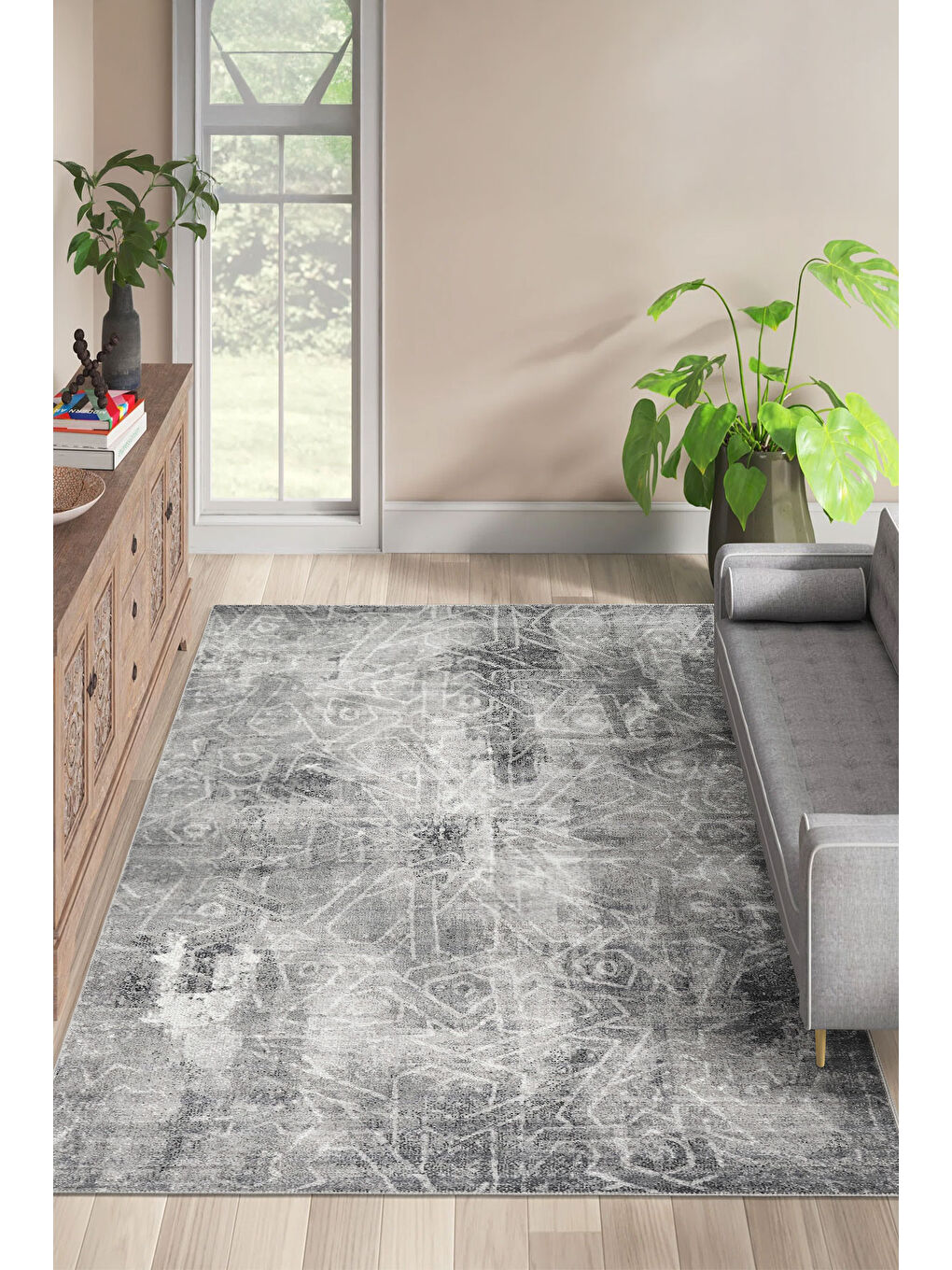Gri Dekoratif Özel Tasarım Yıkanabilir İnce Kaymaz Tabanlı Modern Halı KECE FR02-1