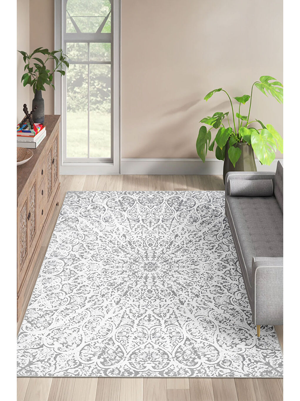 Ekru Dekoratif Özel Tasarım Yıkanabilir İnce Kaymaz Tabanlı Modern Halı KECE FR01-1