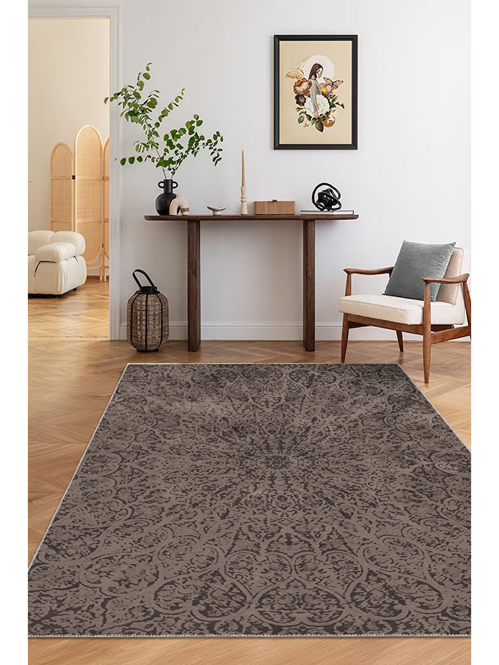 Kahverengi Dekoratif Özel Tasarım Yıkanabilir İnce Kaymaz Tabanlı Modern Halı KECE FR01-2