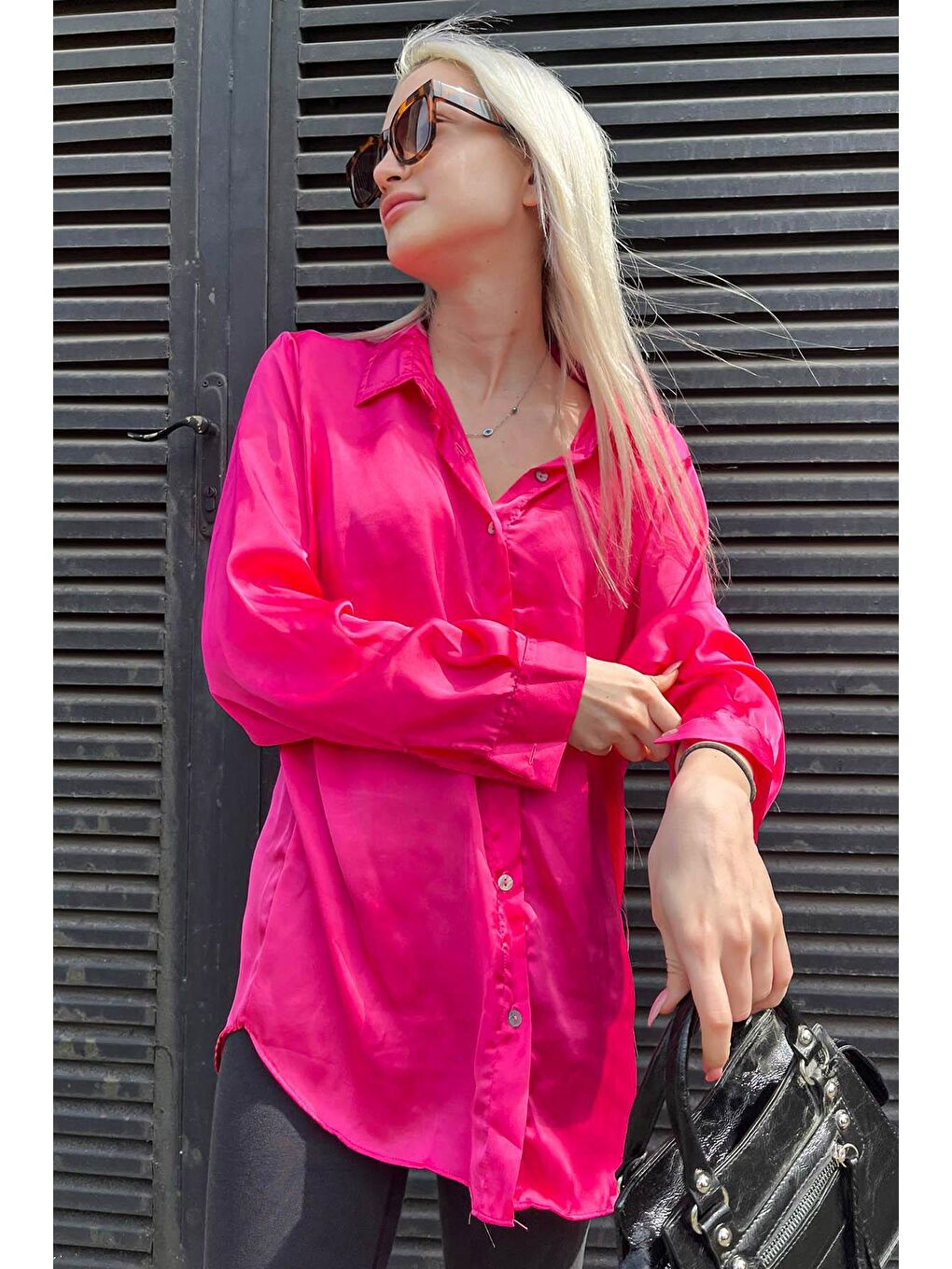 Fuşya Basic Kadın Saten Gömlek Mg1326