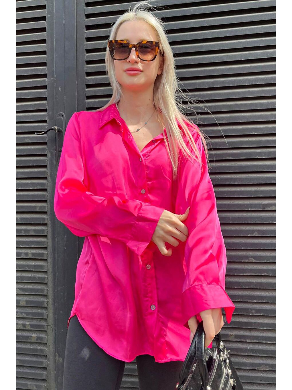 Fuşya Basic Kadın Saten Gömlek Mg1326-1