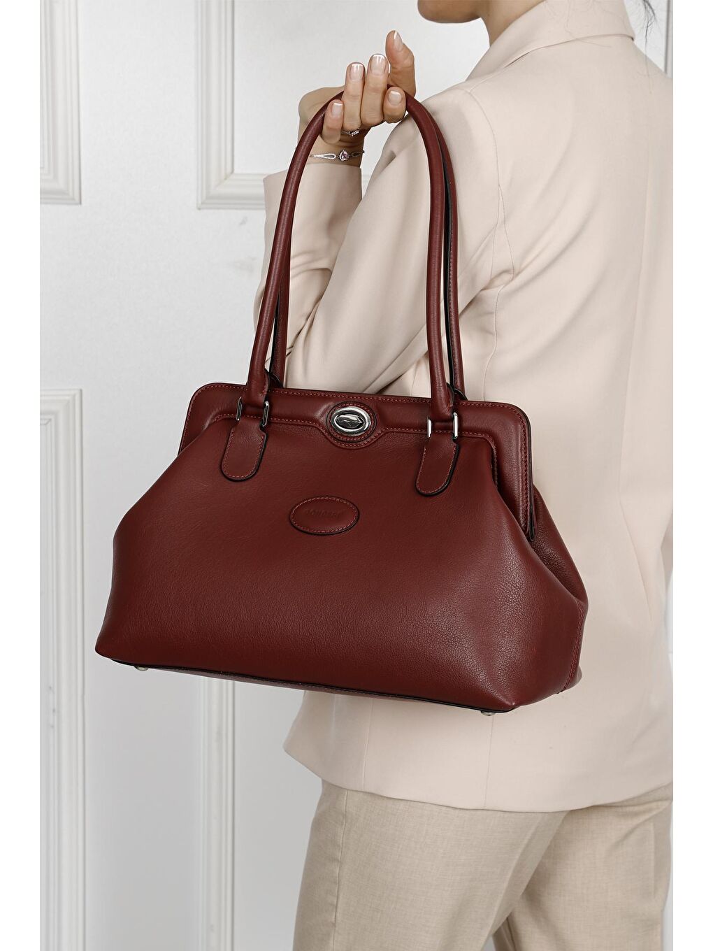 Bordo Platinum Hakiki Deri Büyük Boy Kadın Omuz Ve El Çantası B8397