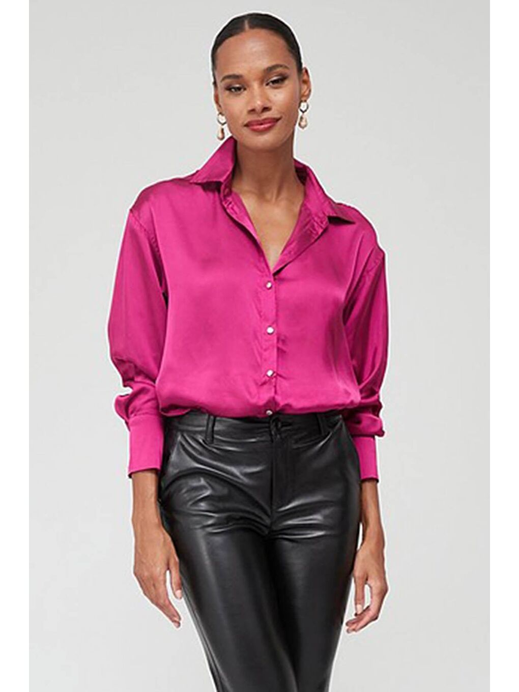 Fuşya Basic Kadın Saten Gömlek Mg1326-2