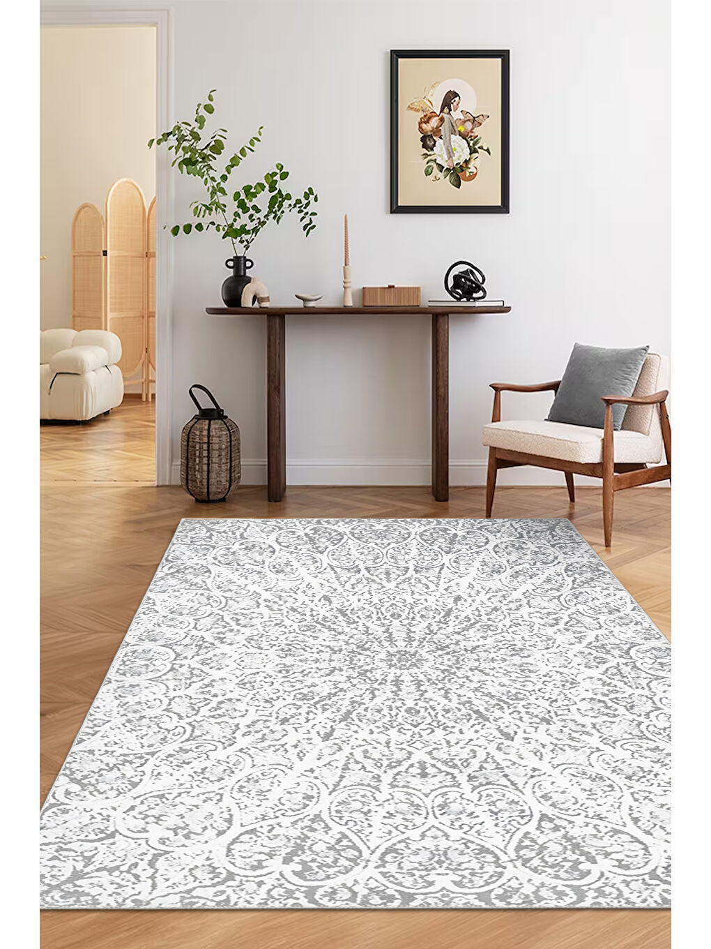 Gri Dekoratif Özel Tasarım Yıkanabilir İnce Kaymaz Tabanlı Modern Halı KECE FR01-2