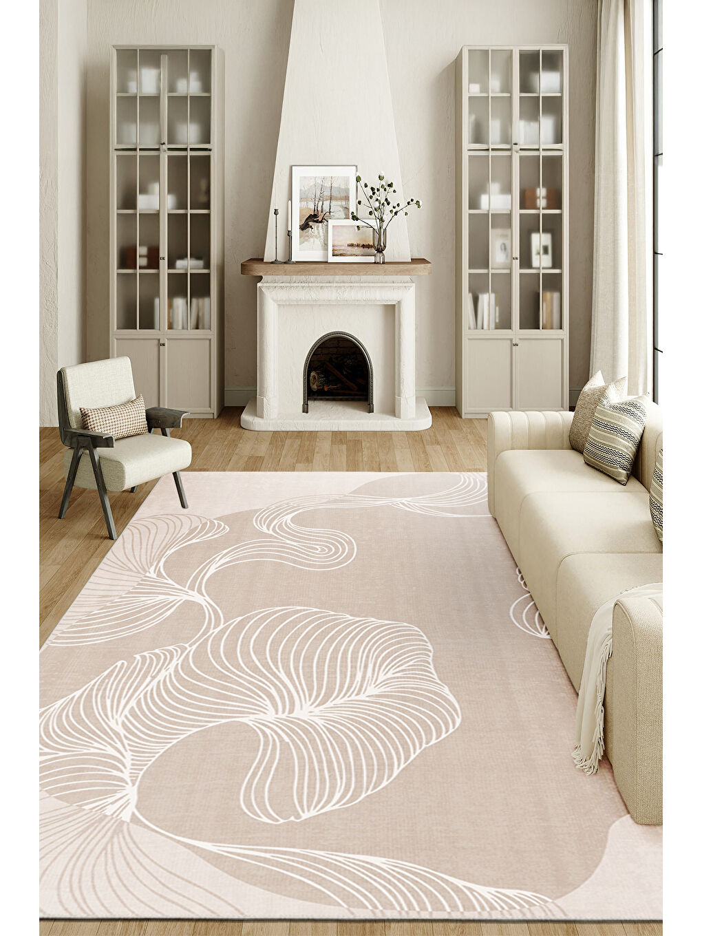 Ekru Dekoratif Özel Tasarım Yıkanabilir İnce Kaymaz Tabanlı Modern Halı KECE FR51-2