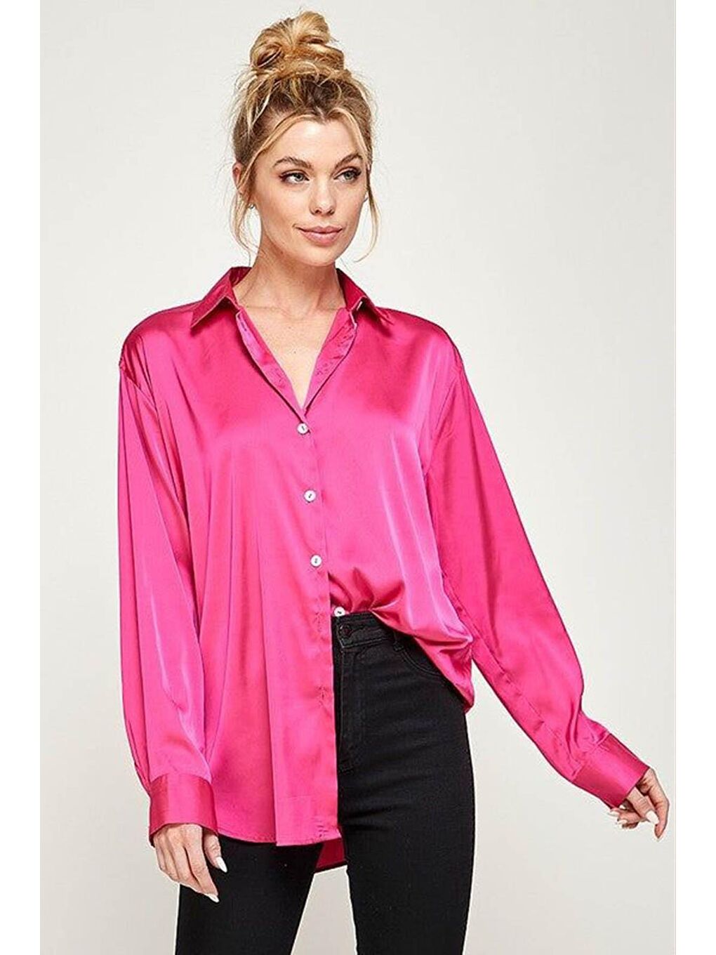 Fuşya Basic Kadın Saten Gömlek Mg1326-4
