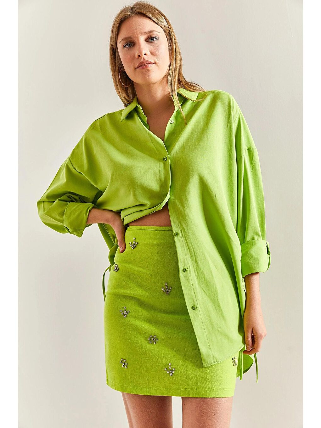 Yeşil Kadın Taş İşlemeli Gabardin Etek