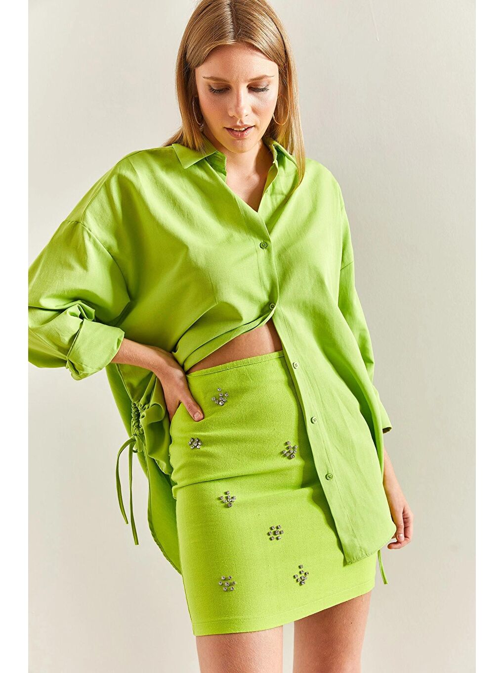 Yeşil Kadın Taş İşlemeli Gabardin Etek-1