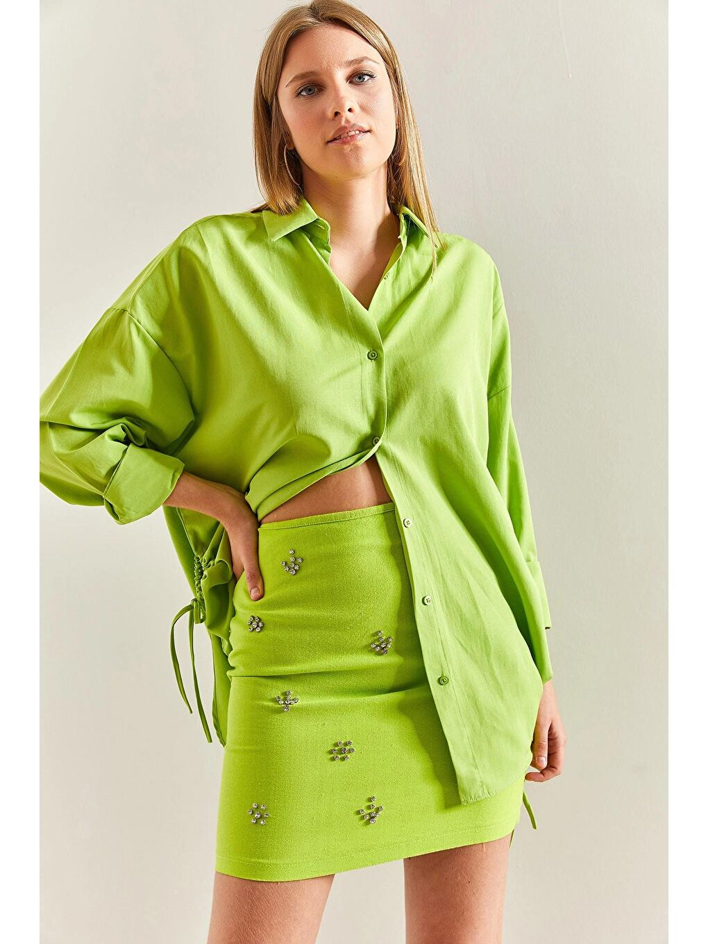 Yeşil Kadın Taş İşlemeli Gabardin Etek-2