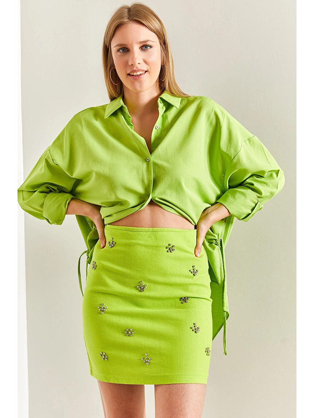 Yeşil Kadın Taş İşlemeli Gabardin Etek-4