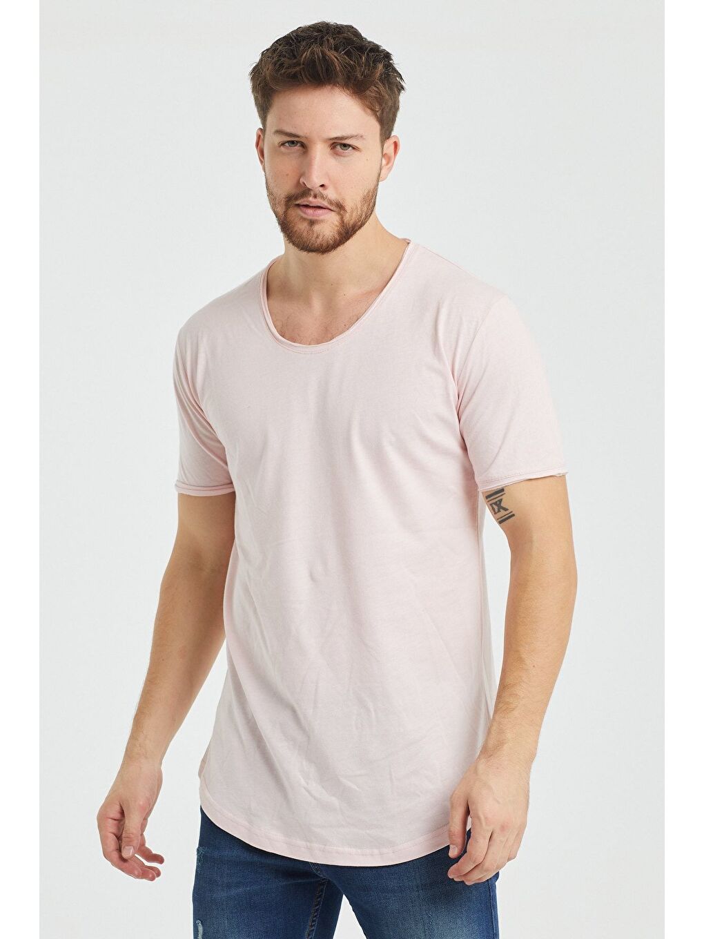 Erkek Pembe Pis Yaka Salaş %100 Pamuk Tişört-1