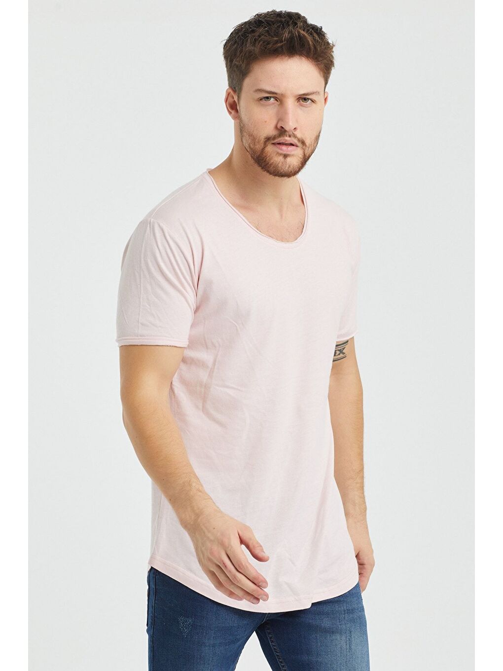 Erkek Pembe Pis Yaka Salaş %100 Pamuk Tişört-2