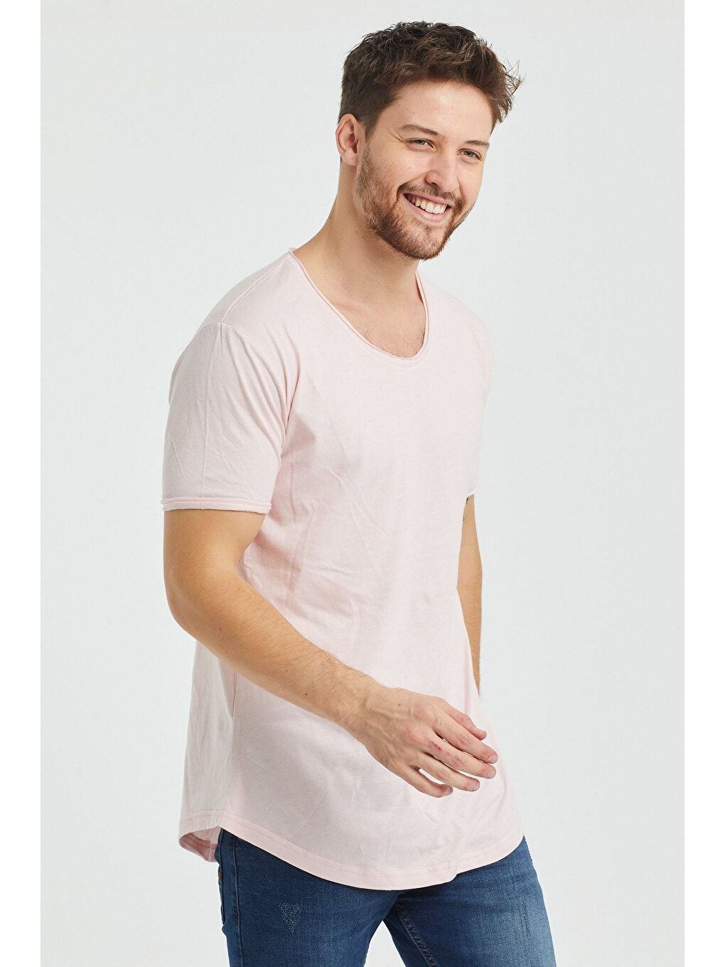 Erkek Pembe Pis Yaka Salaş %100 Pamuk Tişört-3