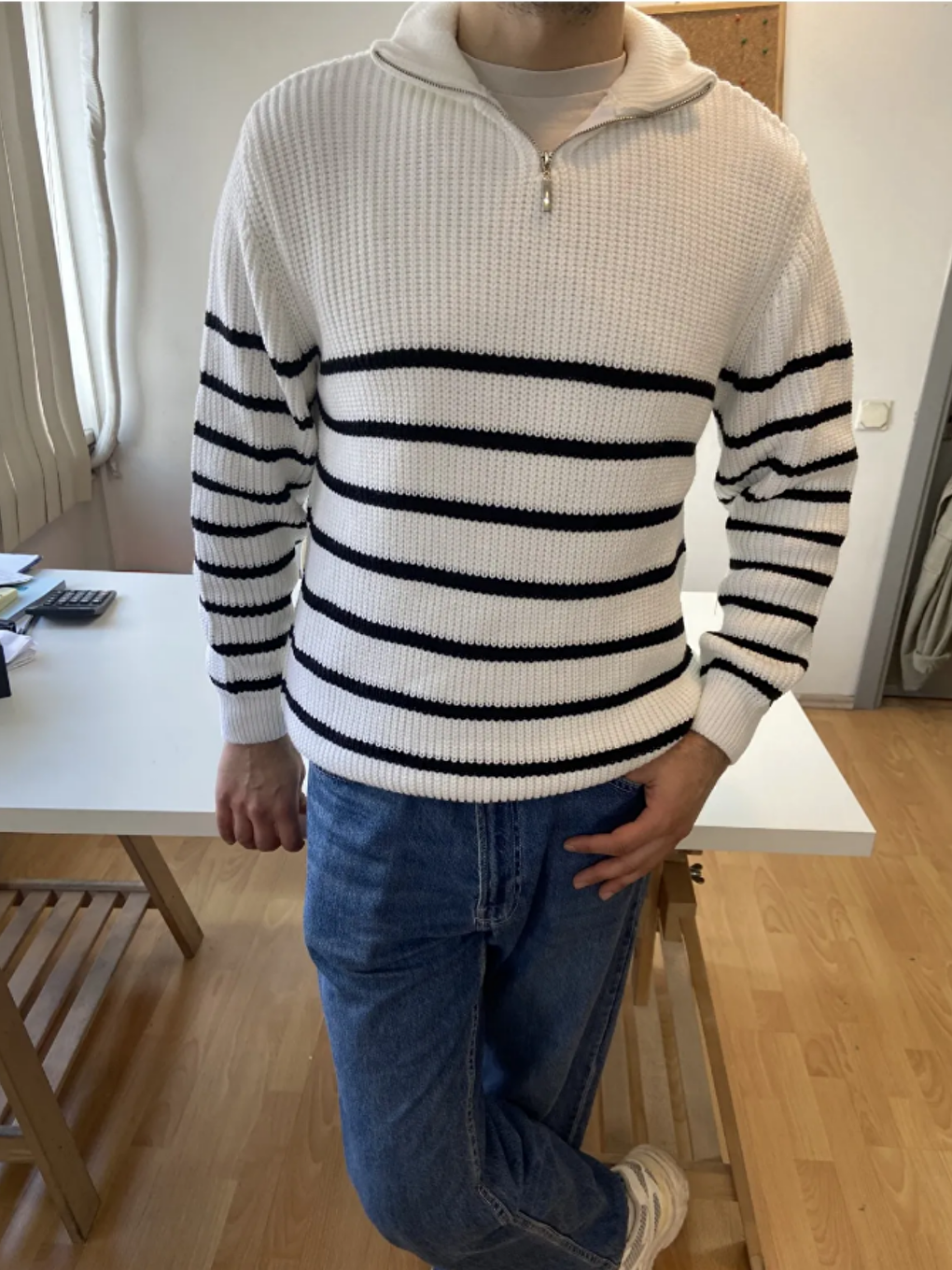 Beyaz Erkek Regular Balıkçı Yaka Fermuarlı Triko Kazak