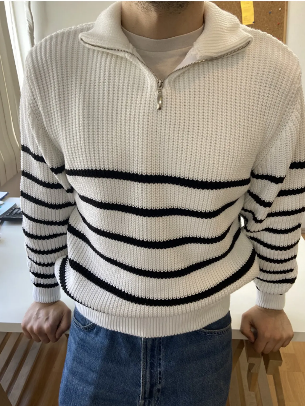 Beyaz Erkek Regular Balıkçı Yaka Fermuarlı Triko Kazak-1