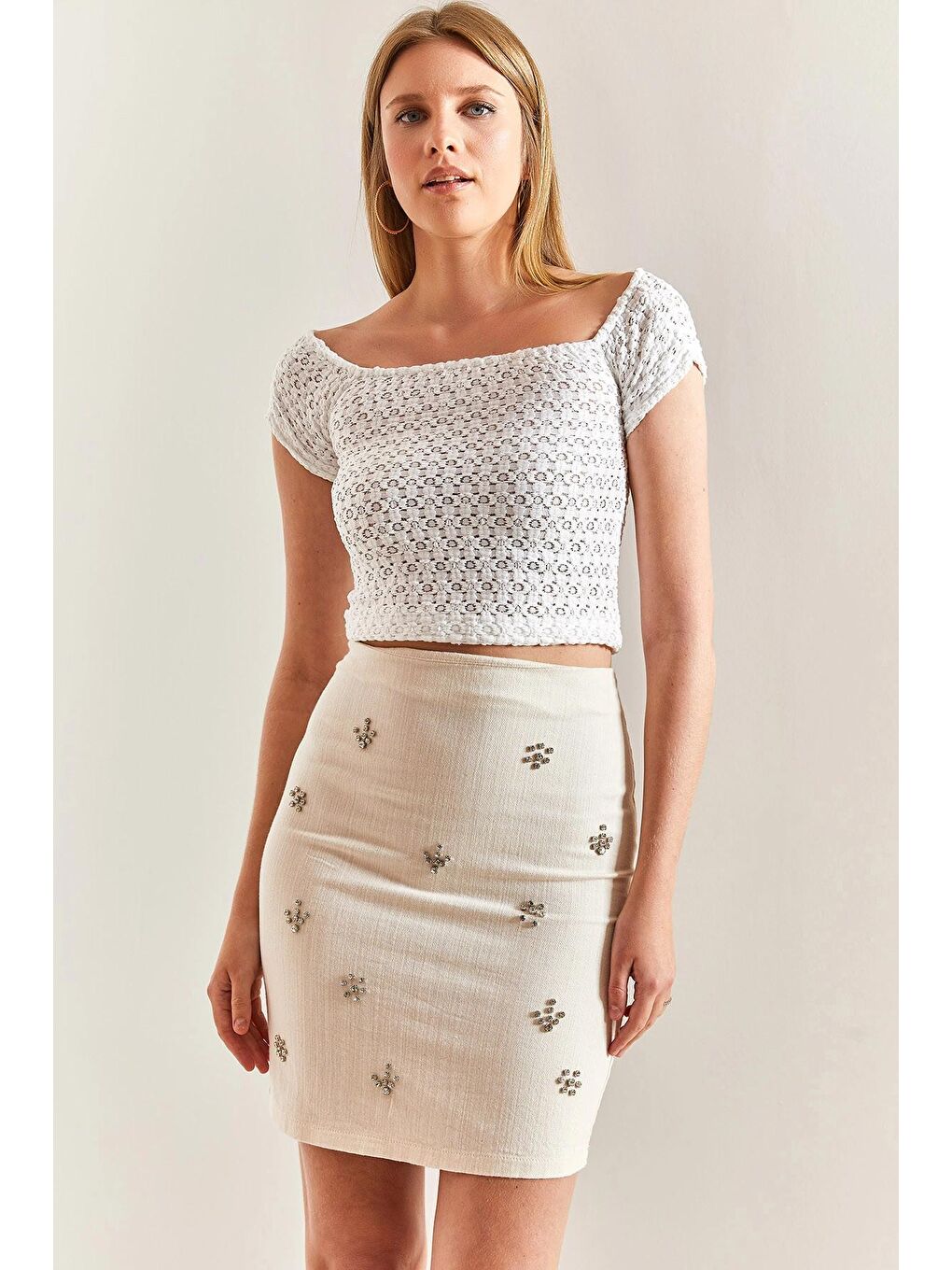 Bej Kadın Taş İşlemeli Gabardin Etek
