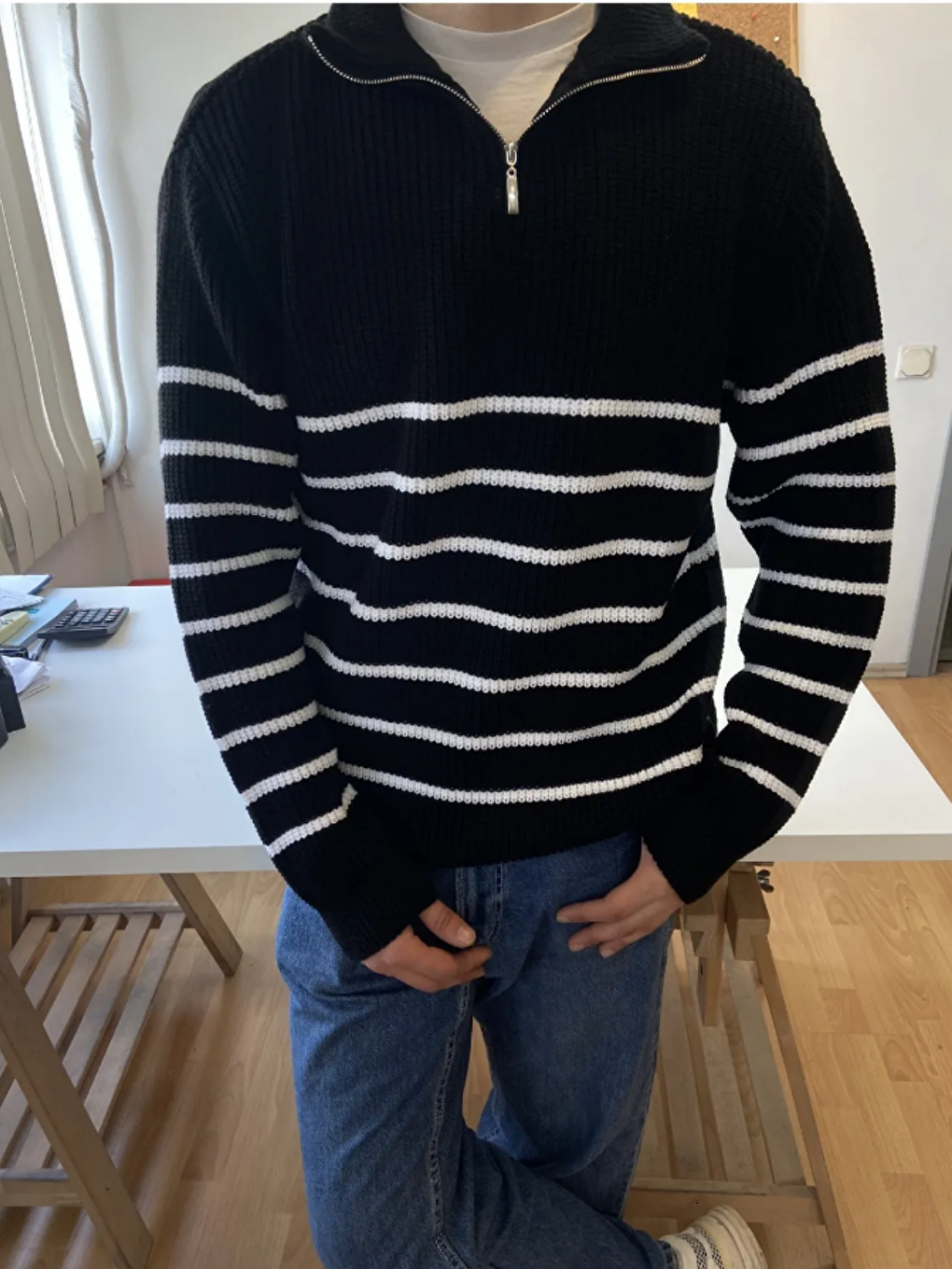 Siyah Erkek Regular Balıkçı Yaka Fermuarlı Triko Kazak