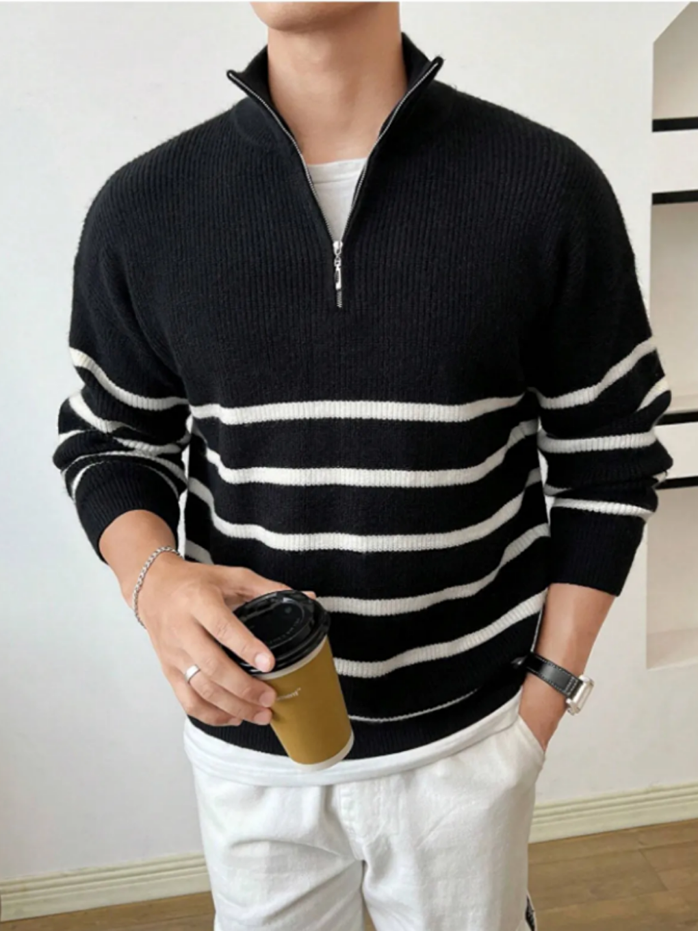 Siyah Erkek Regular Balıkçı Yaka Fermuarlı Triko Kazak-2