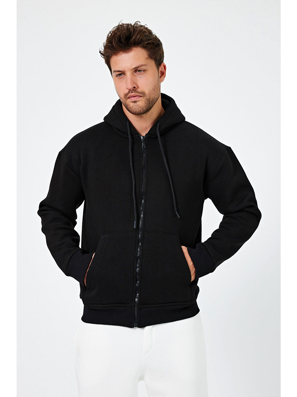 Tarz Cool Siyah Erkek Standart Fit Normal Kesim Içi Polarlı 3 Iplik Kapüşonlu Fermuarlı Sweatshirt Ceket - 1