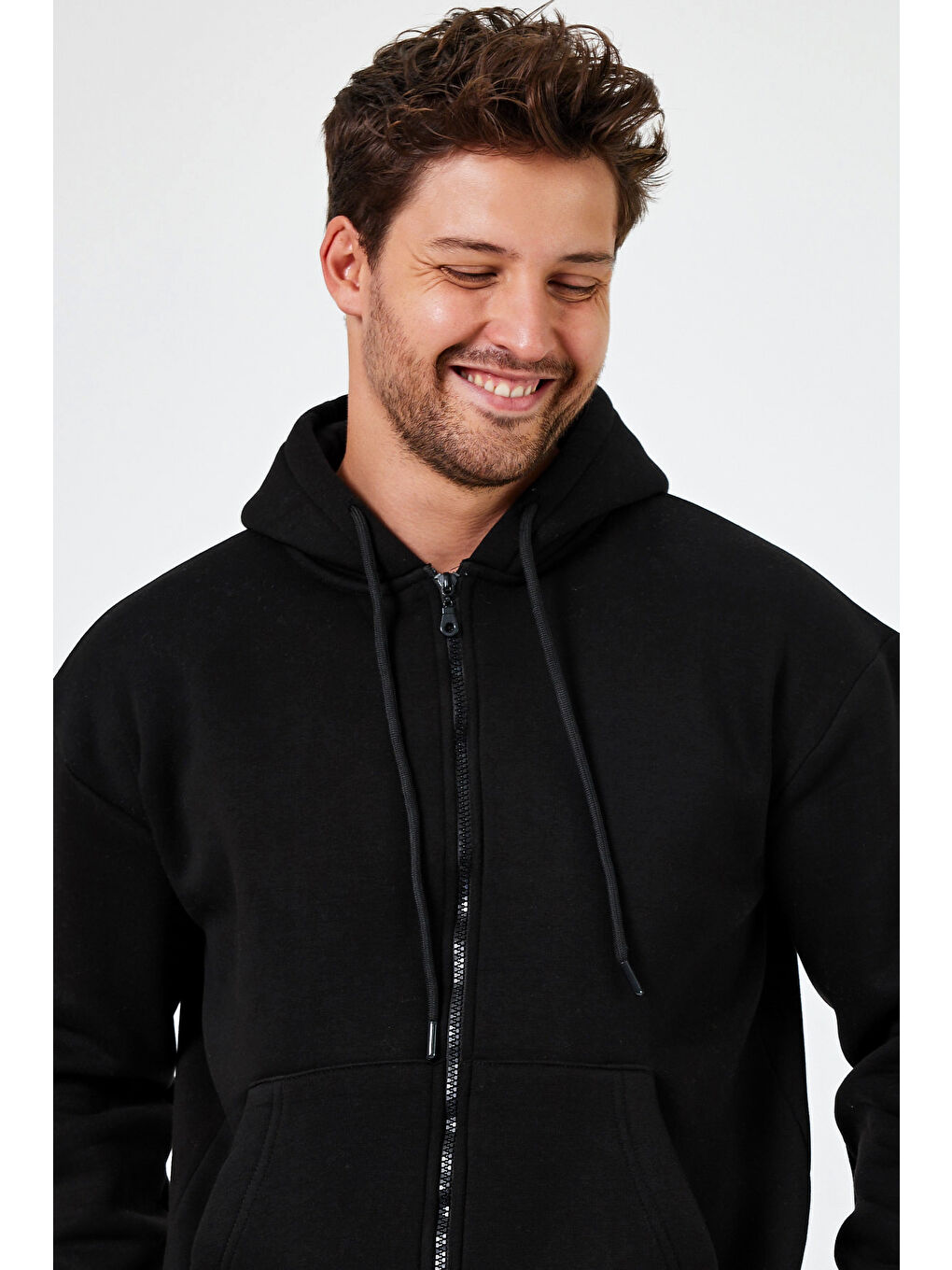 Tarz Cool Siyah Erkek Standart Fit Normal Kesim Içi Polarlı 3 Iplik Kapüşonlu Fermuarlı Sweatshirt Ceket - 2
