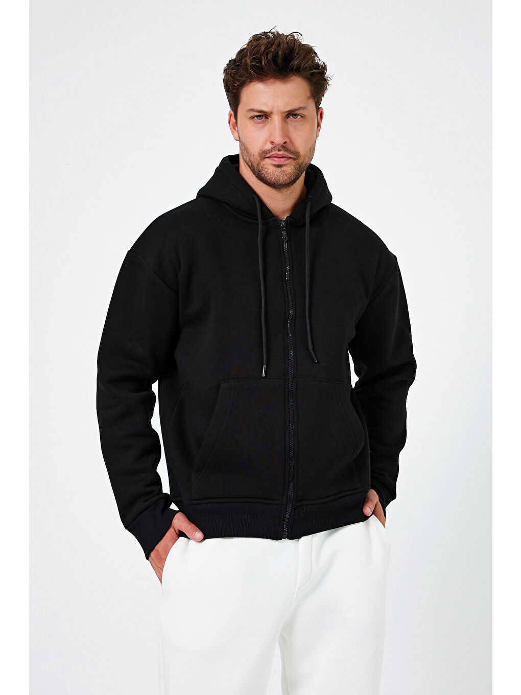 Tarz Cool Siyah Erkek Standart Fit Normal Kesim Içi Polarlı 3 Iplik Kapüşonlu Fermuarlı Sweatshirt Ceket - 3