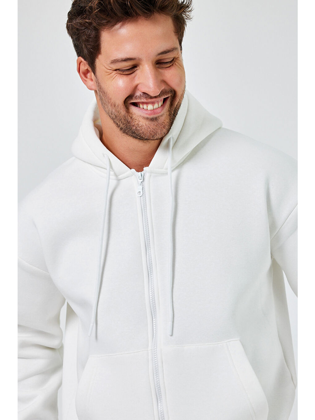 Beyaz Erkek Standart Fit Normal Kesim Içi Polarlı 3 Iplik Kapüşonlu Fermuarlı Sweatshirt Ceket-2