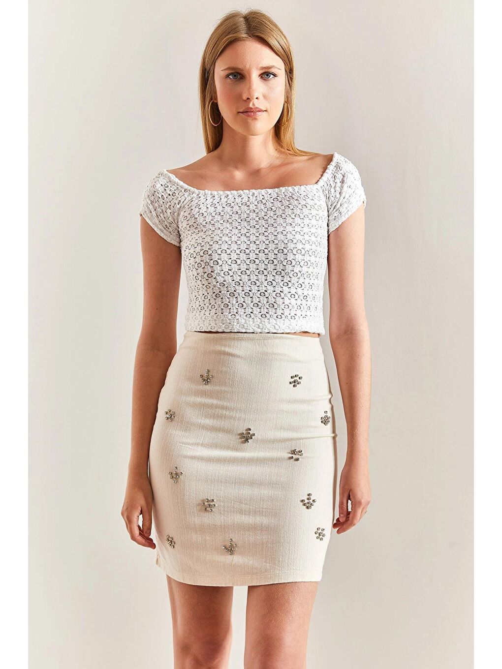 Bej Kadın Taş İşlemeli Gabardin Etek-4