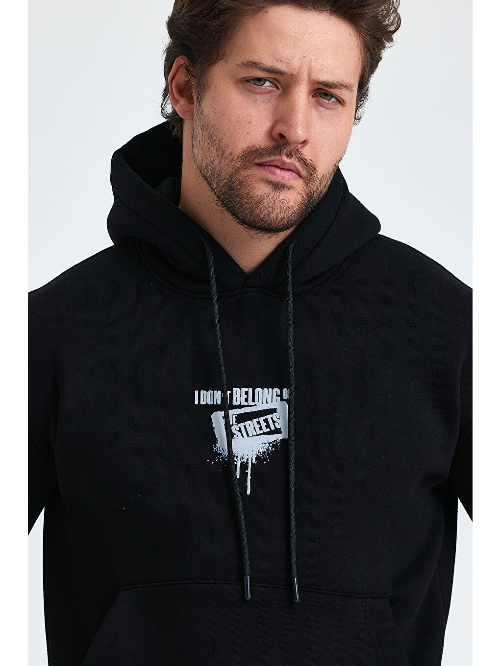 Siyah Standart Fit Normal Kesim Içi Polarlı 3 Iplik Kapüşonlu Pamuklu Erkek Hoodie-3