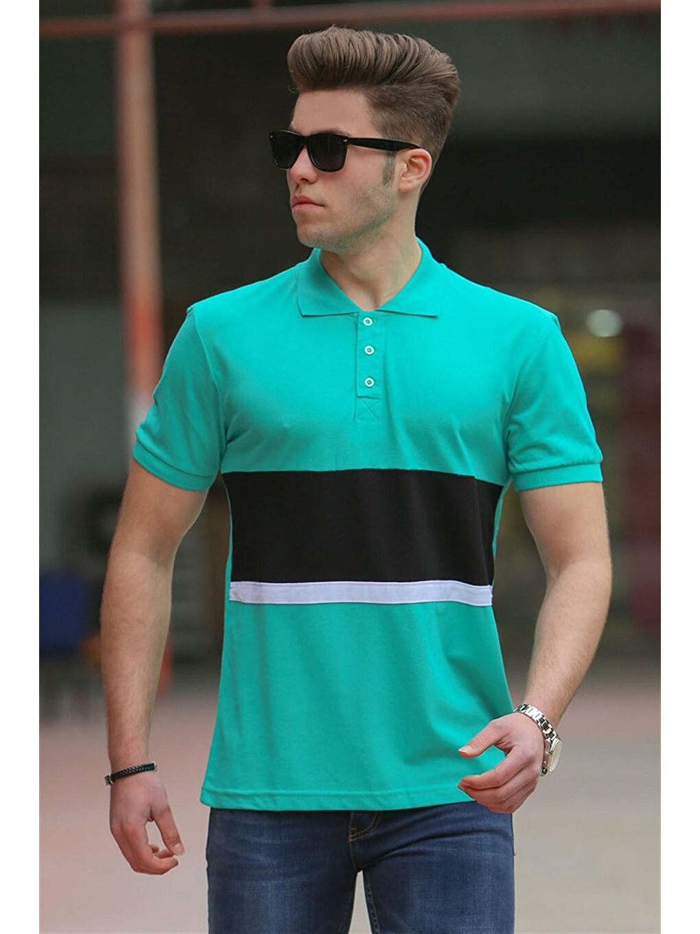 Renk Bloklu Turkuaz Polo Tişört 3084