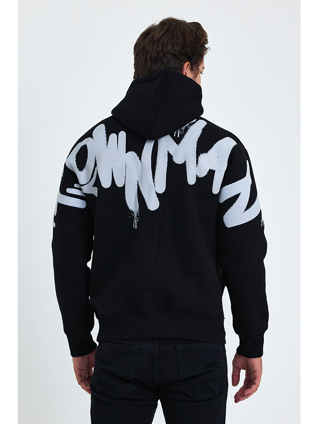 Siyah Standart Fit Normal Kesim Içi Polarlı 3 Iplik Kapüşonlu Pamuklu Erkek Hoodie-4