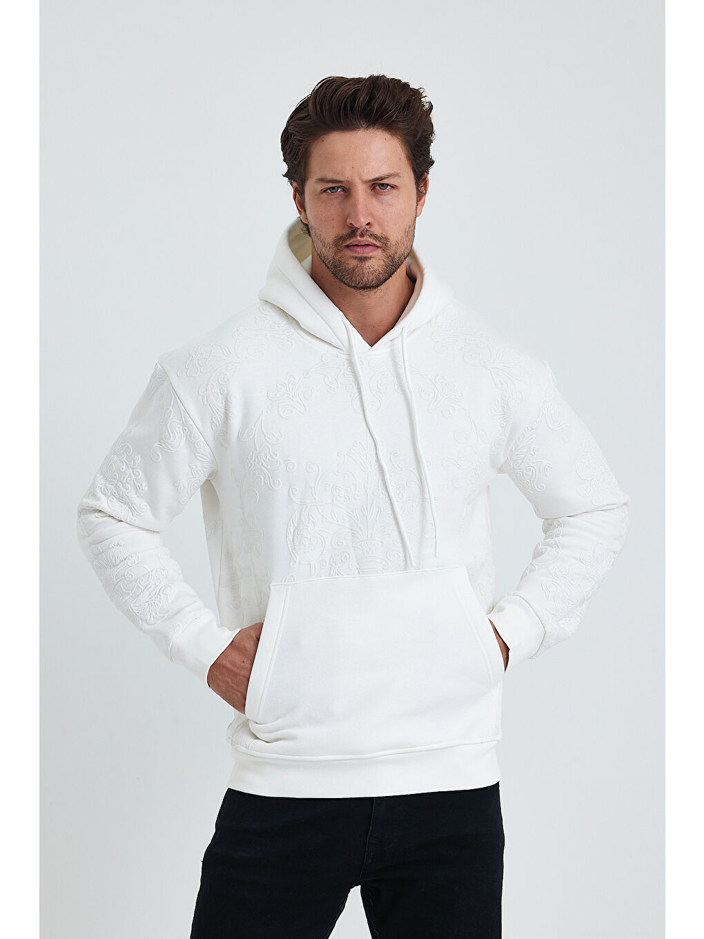 Beyaz Selanik Standart Fit Normal Kesim Içi Polarlı 3 Iplik Kapüşonlu Pamuklu Erkek Hoodie
