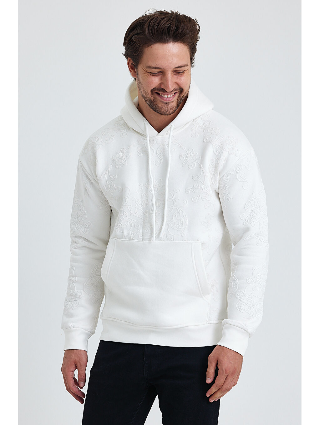 Beyaz Selanik Standart Fit Normal Kesim Içi Polarlı 3 Iplik Kapüşonlu Pamuklu Erkek Hoodie-2