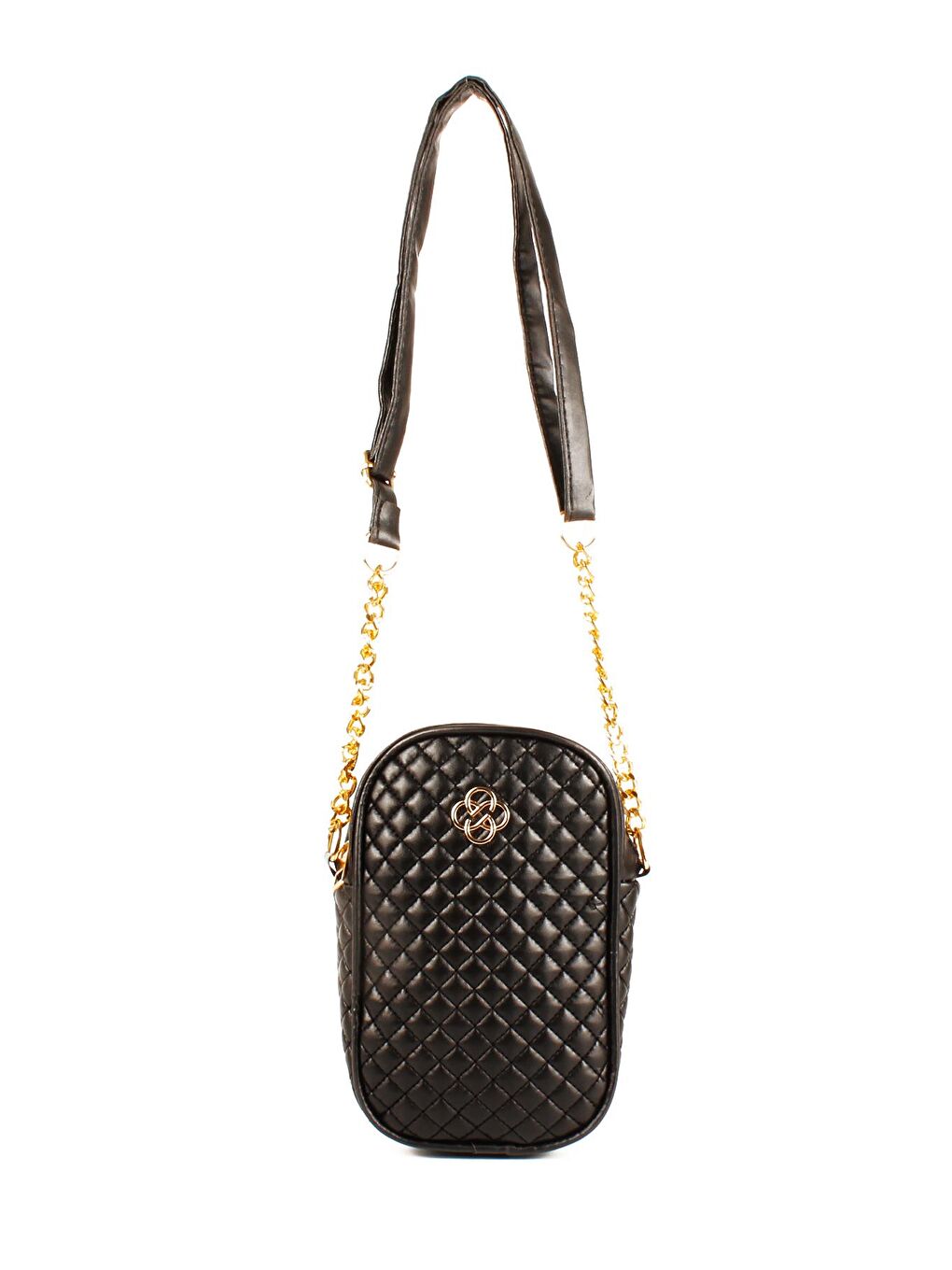 Siyah Kadın Yarı Zincir Askılı Nakışlı Yonca Detaylı Telefonluk & Omuz Çantası (20738)-1