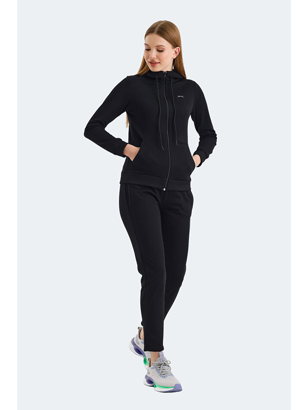 RID IN Kadın Fermuarlı Kapüşonlu Cepli Siyah Eşofman Takımı-2