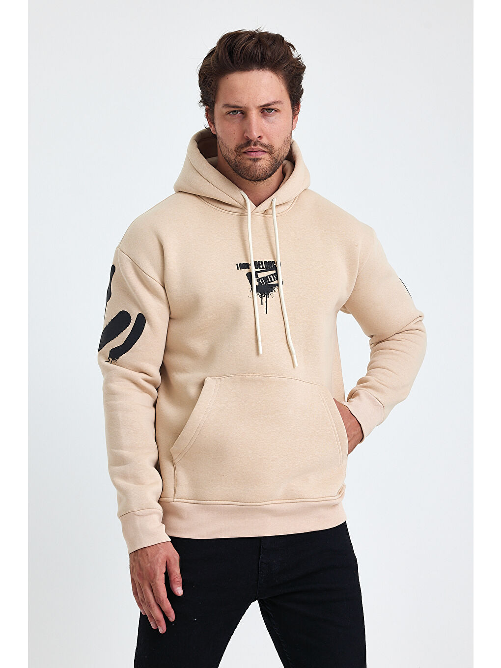 Bej Standart Fit Normal Kesim Içi Polarlı 3 Iplik Kapüşonlu Pamuklu Erkek Hoodie