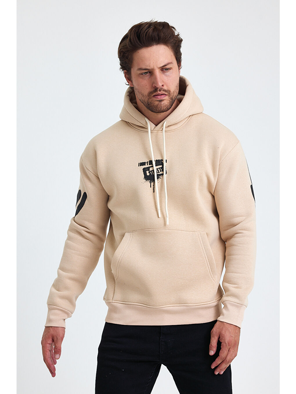 Bej Standart Fit Normal Kesim Içi Polarlı 3 Iplik Kapüşonlu Pamuklu Erkek Hoodie-1