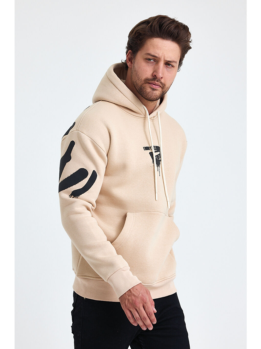 Bej Standart Fit Normal Kesim Içi Polarlı 3 Iplik Kapüşonlu Pamuklu Erkek Hoodie-2