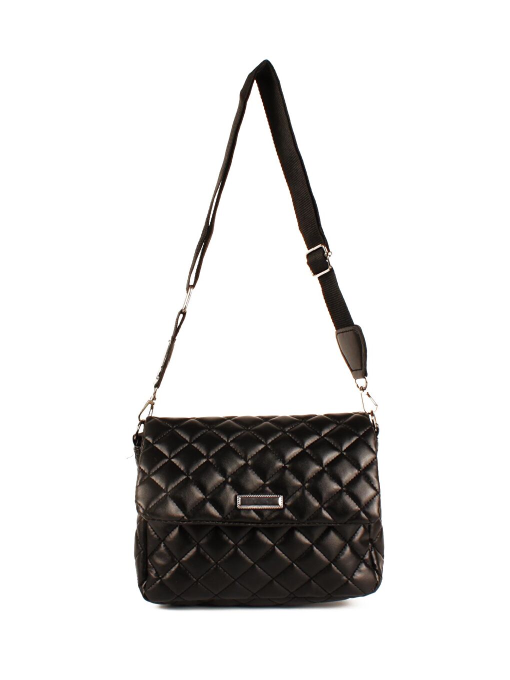 Siyah Kadın Kolon Askılı Kapitoneli Özel Nakışlı Kapaklı Omuz Çantası (20736)-1