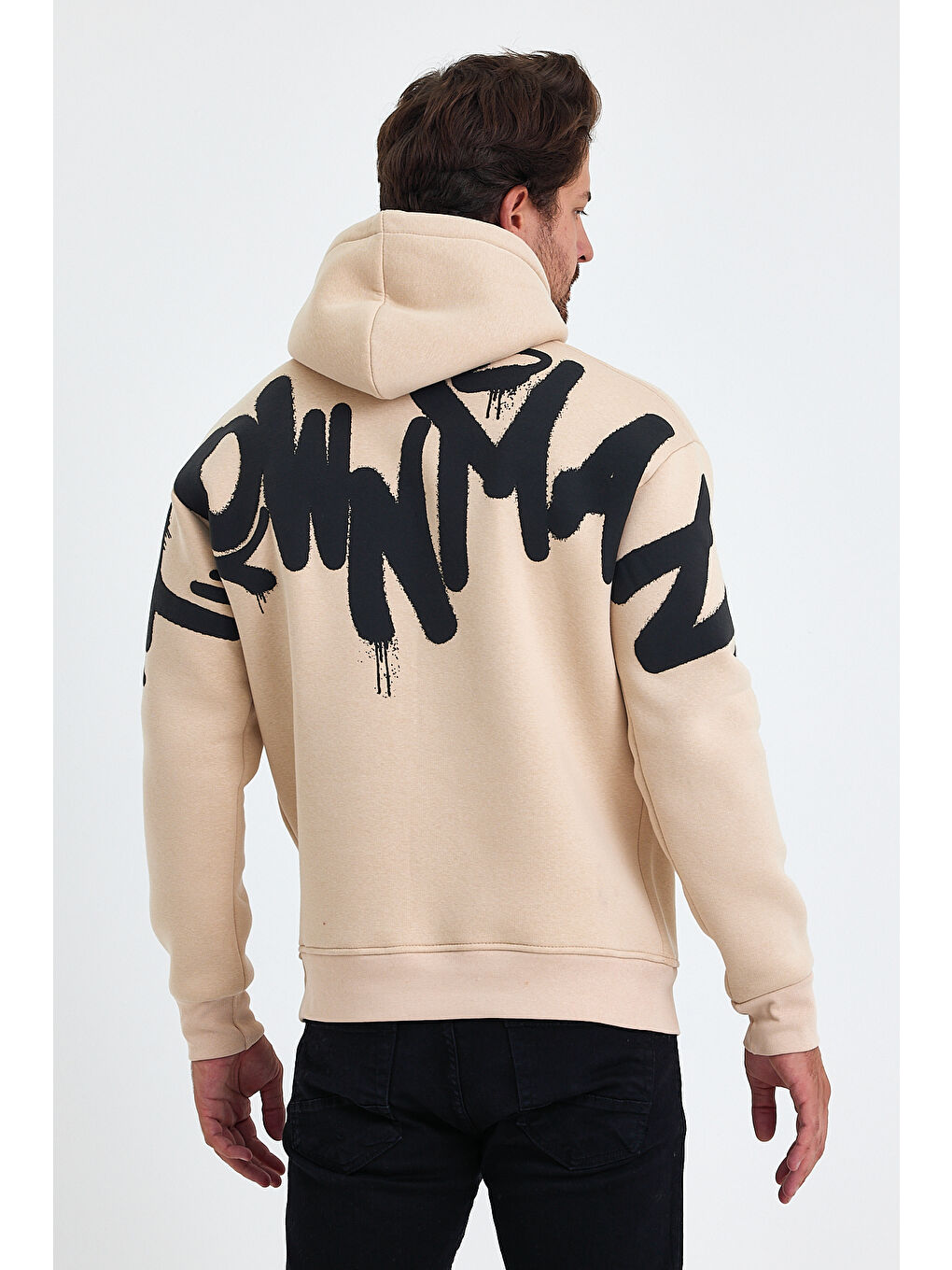 Bej Standart Fit Normal Kesim Içi Polarlı 3 Iplik Kapüşonlu Pamuklu Erkek Hoodie-4