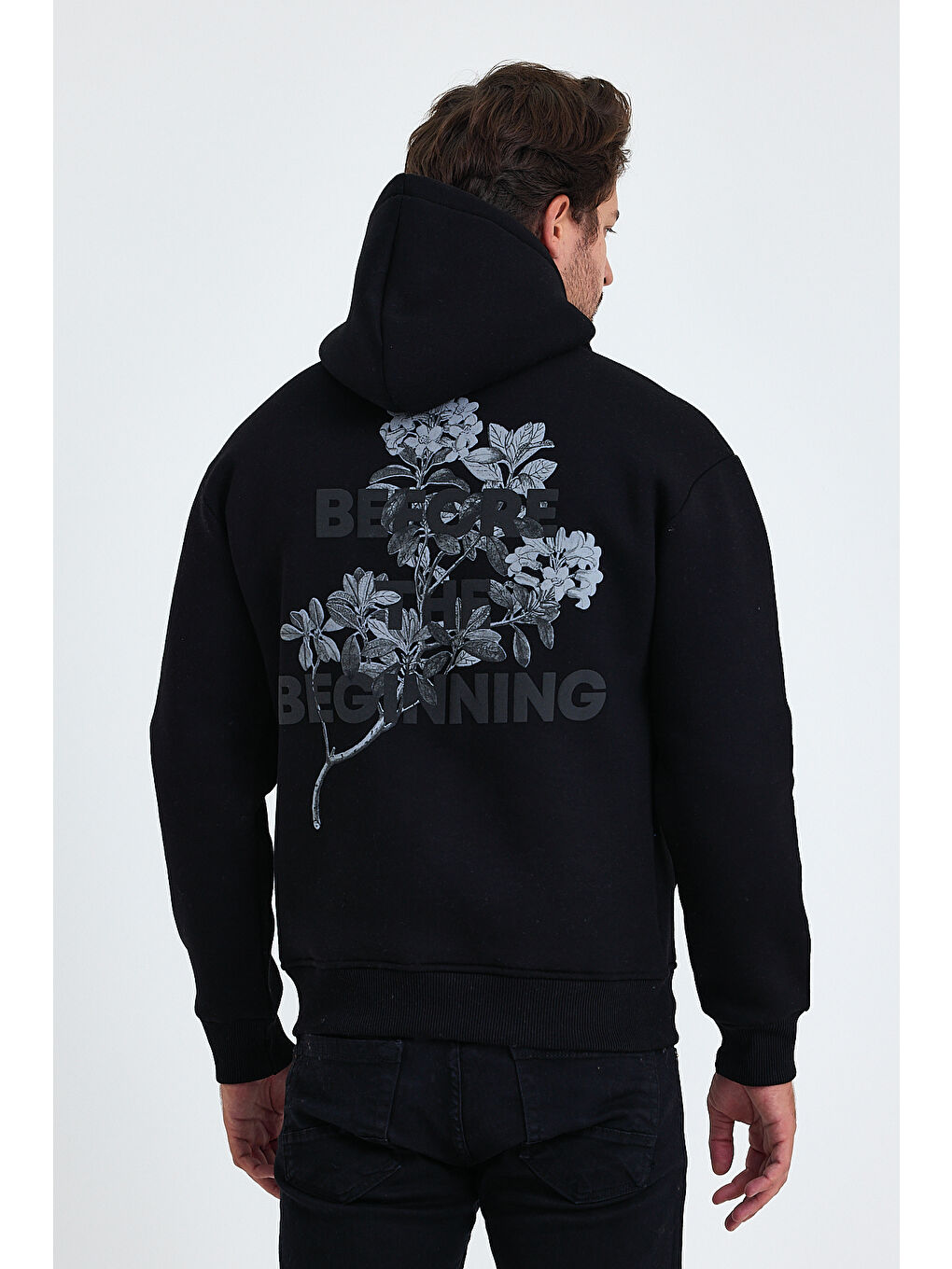 Siyah Regular Fit Yumuşacık Içi Polarlı Kordonlu Kapüşonlu Baskılı Erkek Hoodie-4