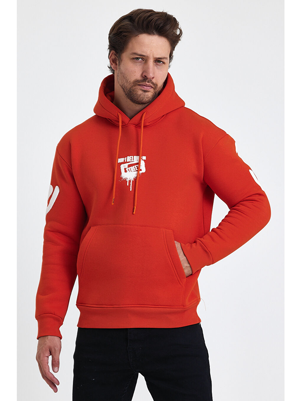 Turuncu Standart Fit Normal Kesim Içi Polarlı 3 Iplik Kapüşonlu Pamuklu Erkek Hoodie