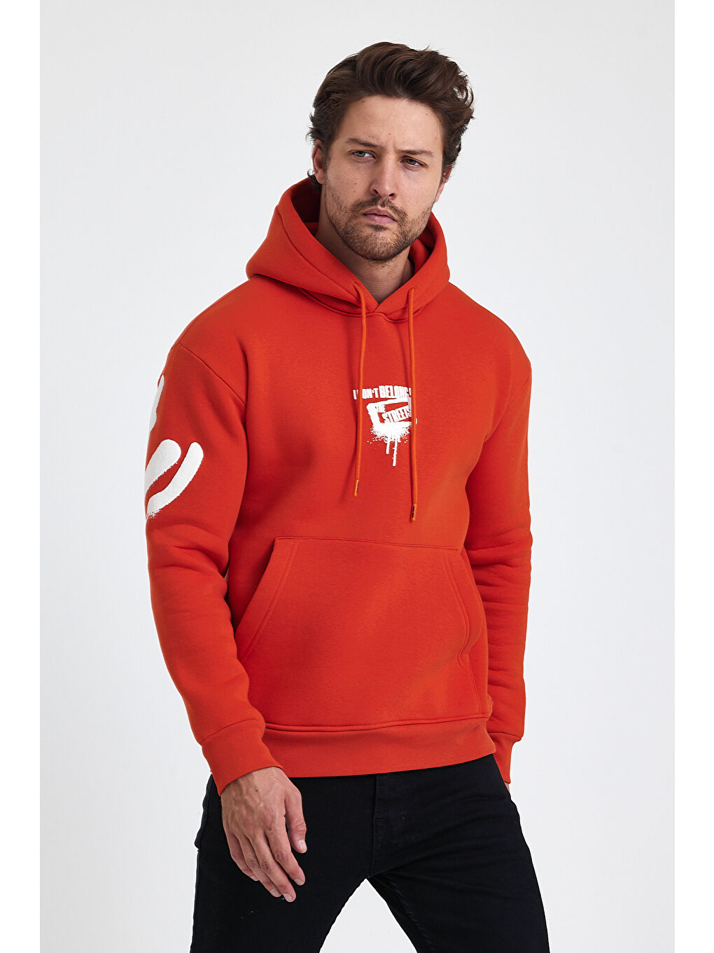Turuncu Standart Fit Normal Kesim Içi Polarlı 3 Iplik Kapüşonlu Pamuklu Erkek Hoodie-1
