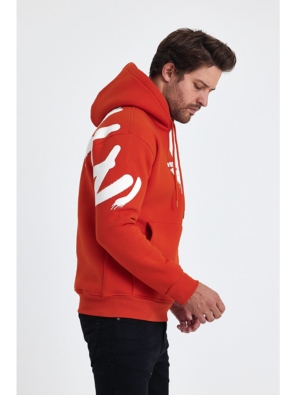Turuncu Standart Fit Normal Kesim Içi Polarlı 3 Iplik Kapüşonlu Pamuklu Erkek Hoodie-2
