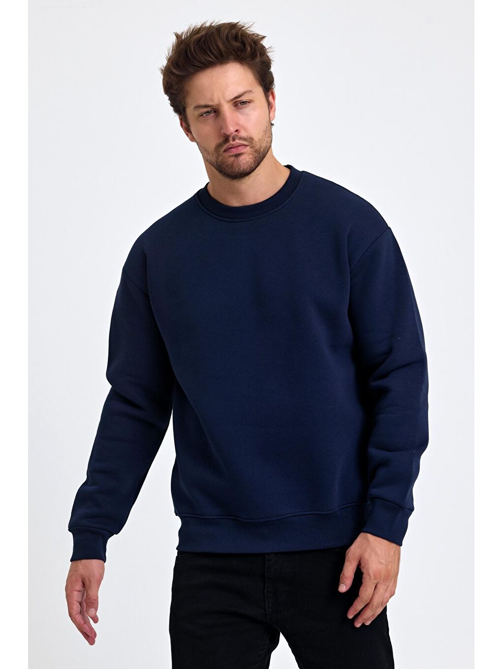 Lacivert Erkek Yumuşacık Kumaşlı Regular Fit Yuvarlak Yakalı Sweatshirt-1