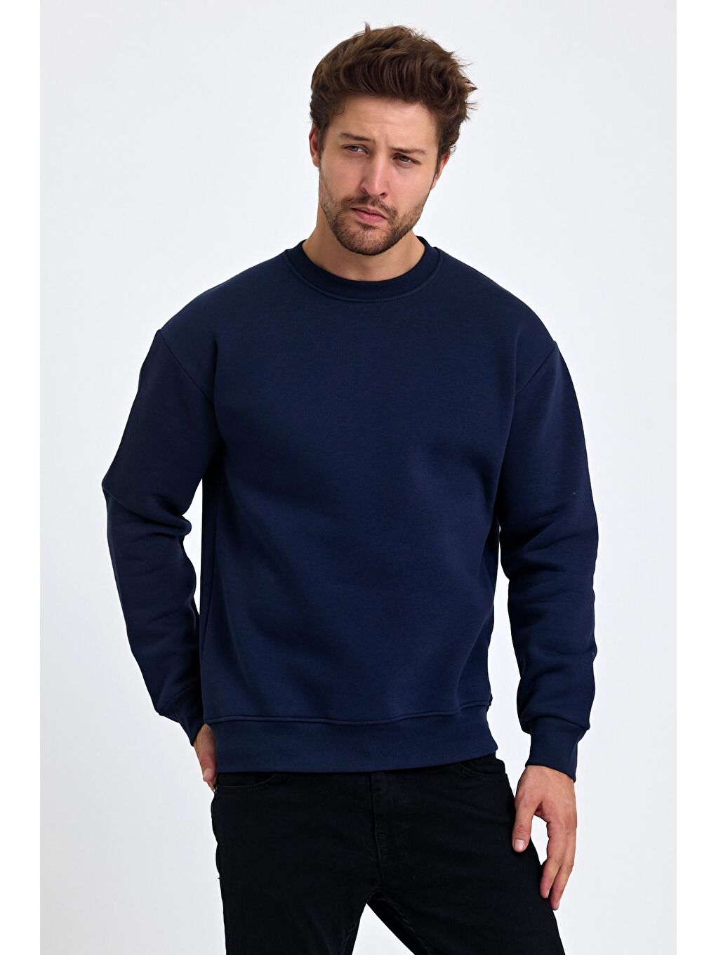 Lacivert Erkek Yumuşacık Kumaşlı Regular Fit Yuvarlak Yakalı Sweatshirt-2